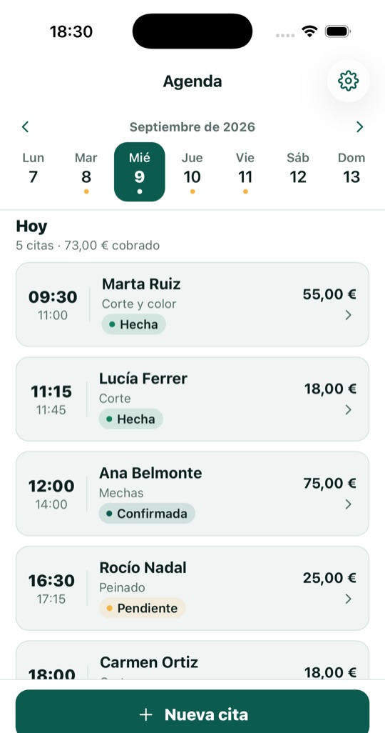 Pantalla principal de Agenda de Citas
